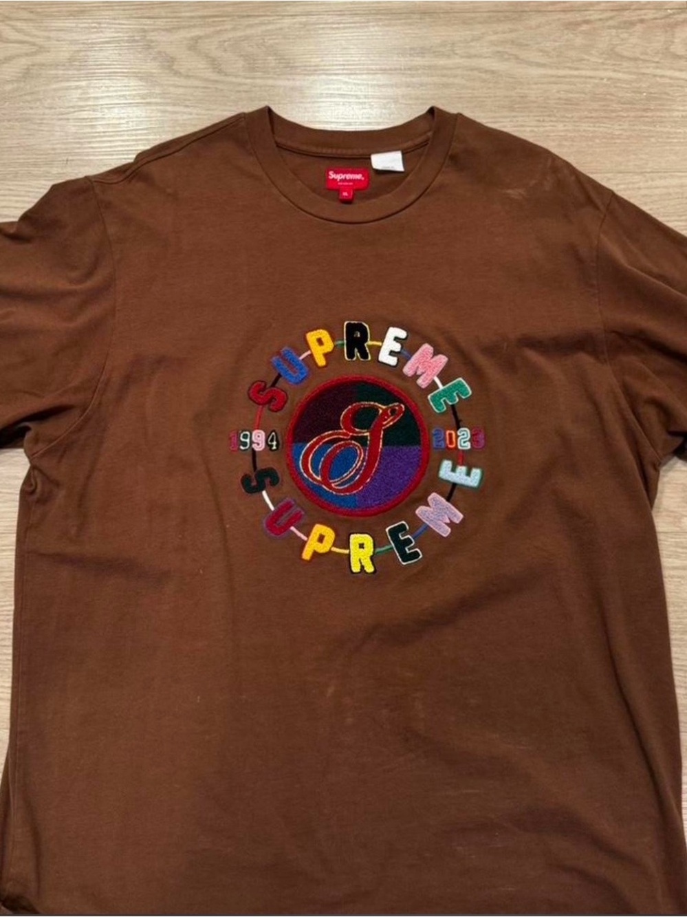 Supreme Brown Short Sleeve Tee with Multicolor Embroidered Logo